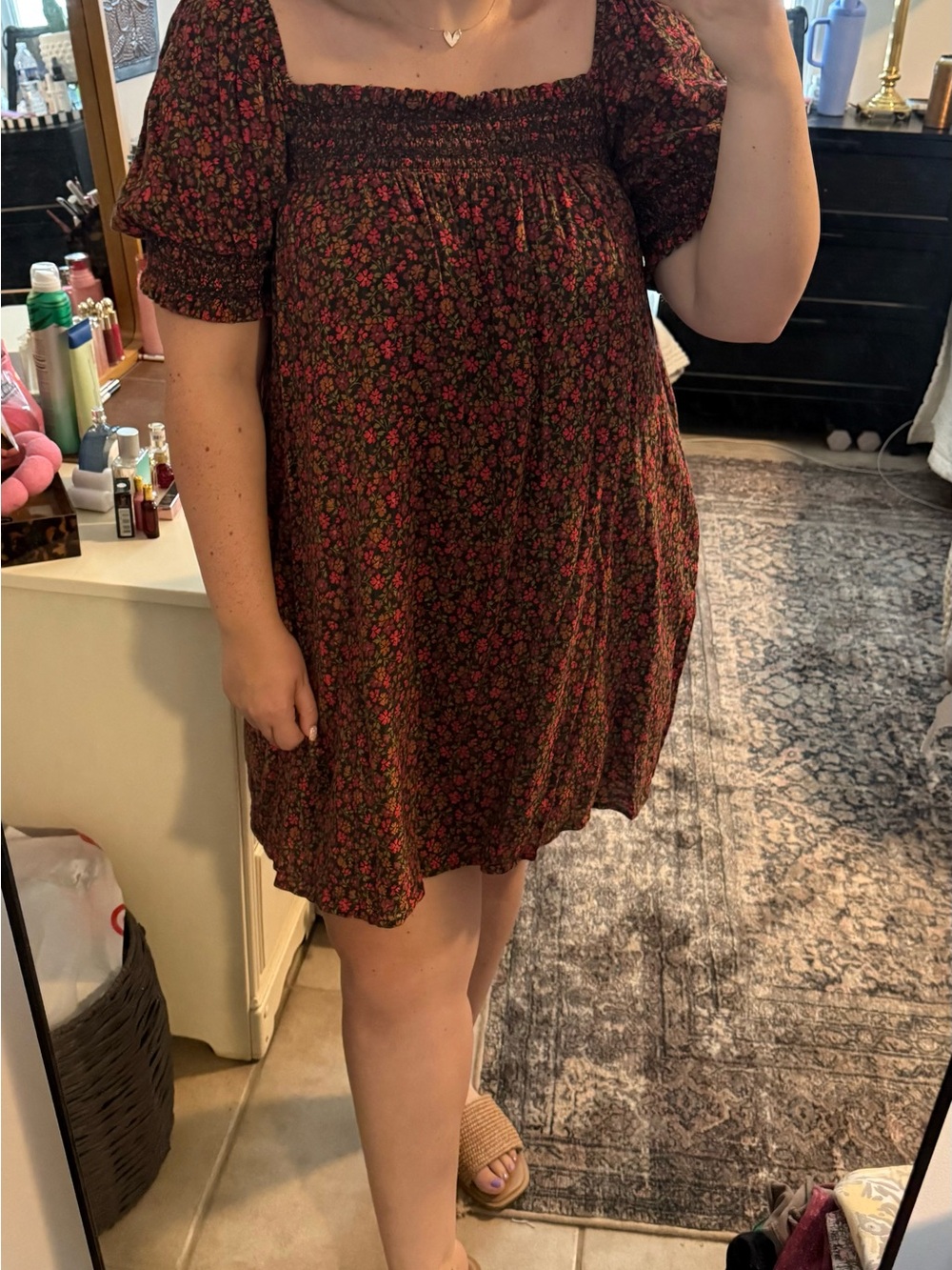 American Eagle Outfitters Burgundy Mini Dress with Pink Floral Print